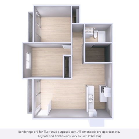 Floor plan for 2 beds, 1 bath, 950 sqft
